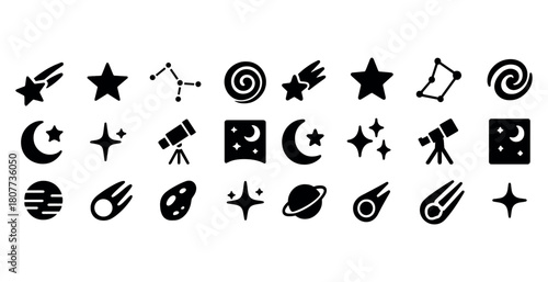 Collection of cosmic icons: stars, planets, telescopes, and celestial bodies