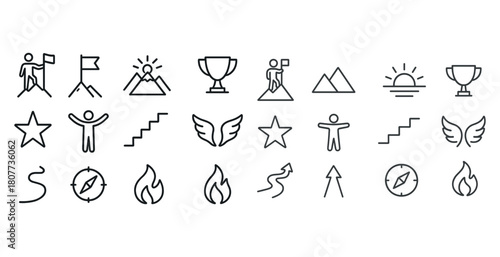 Minimalist achievement icons: trophy, flag, compass, fire, wings, mountains, steps