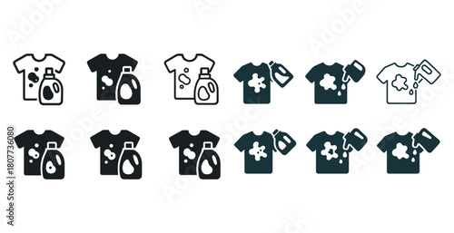 Laundry detergent icons with t-shirts and stains for cleaning and washing