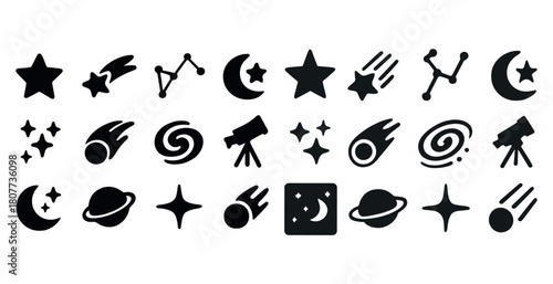 Collection of astronomy icons including stars, telescopes, and constellations