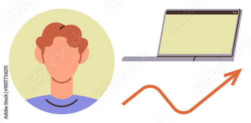Person avatar beside laptop computer and an arrow in upward trajectory symbolizing progress. Ideal for technology, career advancement, growth, analytics, work, learning, success. Simple flat metaphor