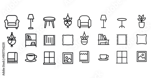 Minimalist icon set: furniture, decor, and plants in line art style