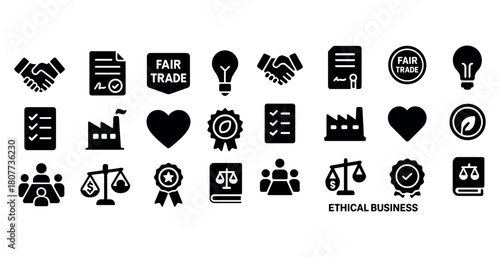 Ethical business icons including fair trade, contracts, awards, and balance