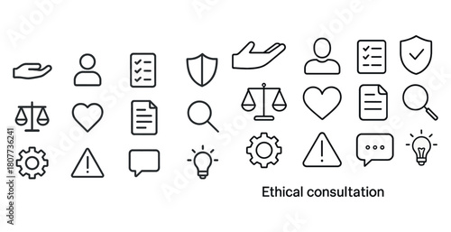 Ethical consultation icons: balance, heart, shield, gear, lightbulb, checklist, magnifying glass, exclamation