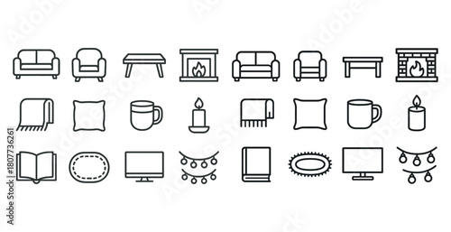Cozy home essentials line icons: sofa, fireplace, mug, candle, tv