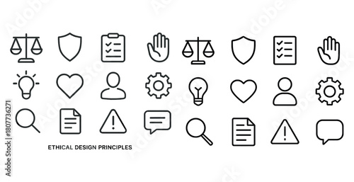 Ethical design principles icons - scales, shield, checklist, hand, gear, light bulb, heart, warning