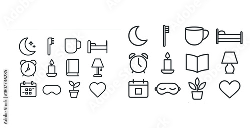 Minimalist icon set featuring bedtime and morning routine symbols