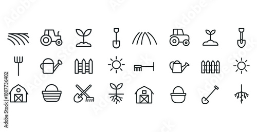Agriculture icons: tractors, plants, tools, barns, roots, sun