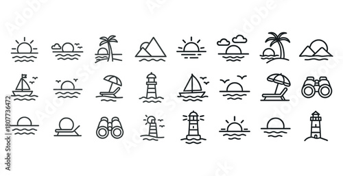 Minimalist beach and sea icons collection with sun, palm trees, and boats