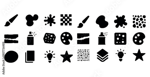 Creative art tools and icons collection: brushes, palettes, spray, patterns, stars