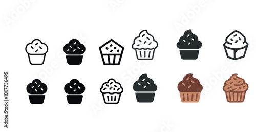 Various muffin and cupcake icon set in different styles and colors