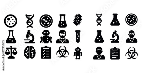 Scientific icons: laboratory equipment and professionals in black silhouette