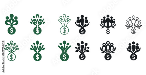 Set of money tree icons with people and dollar signs in various styles
