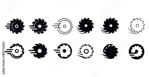 Set of twelve circular saw blade icons with dynamic motion effects