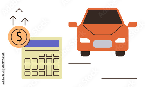 Calculator next to a car and upward arrows representing increasing prices or calculations. Ideal for finance, planning, budgeting, analysis, investment, cost management, automotive economy. Simple