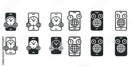 Set of mobile device icons featuring clocks and globes in black and white