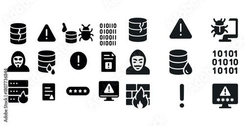 Cybersecurity icons: data breach, hacker alert, virus warning, firewall, password protection