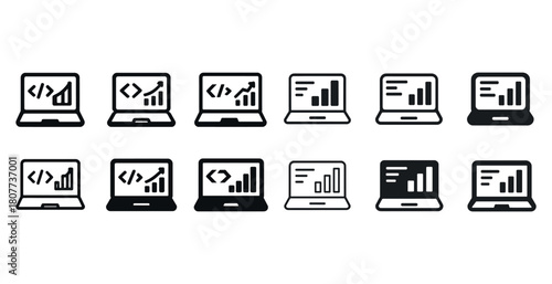Laptop icons: coding, analytics, and data visualization set