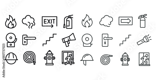 Emergency safety icon set: fire, exit, alarm, hydrant, helmet, stairs, flashlight