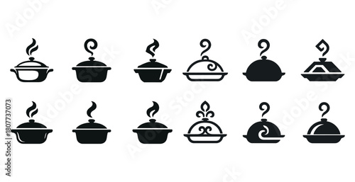 Collection of cooking pot icons with steam in various designs