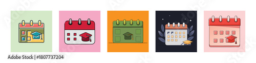 Set of five illustrations featuring calendars with graduation caps, representing academic important dates and milestones