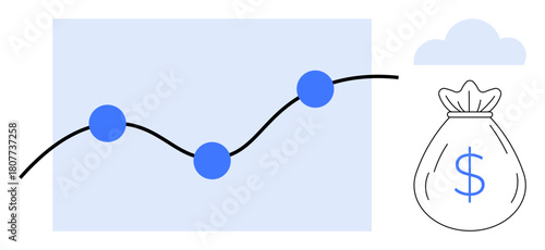 Data trend line with points showing growth, accompanied by a money bag icon. Ideal for finance, investment, statistics, business strategy, financial planning, savings, and success simple flat