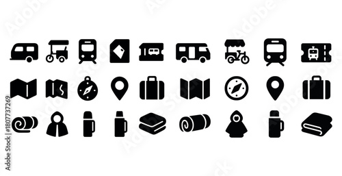 Travel and transportation icons: bus, map, compass, luggage, camping gear symbols