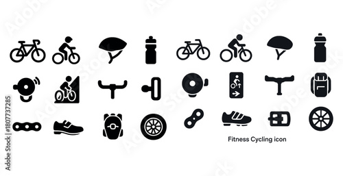 Cycling icons set: bicycles, helmets, water bottles, and accessories collection