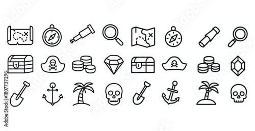 Treasure hunt icons collection: maps, compasses, skulls, shovels, and coins