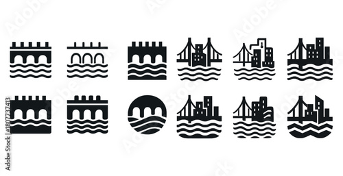 Set of black silhouette bridge icons with cityscapes and water elements