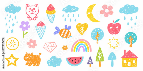 Cute hand drawn doodle elements isolated on white background for kids
