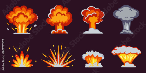 Cartoon explosion effects set comic boom fire and smoke