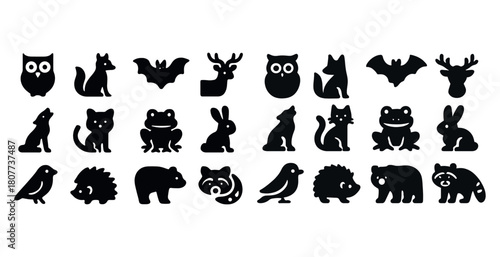 Silhouette icons of various animals including owl, cat, bat, and deer