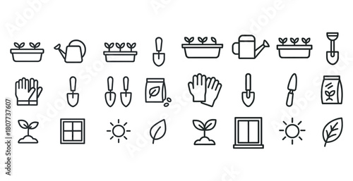 Gardening icons set: tools, plants, and growth symbols in minimalist style