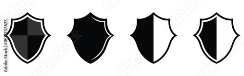 Dark black isolated modern Shield icon set on white background. Graphical safety vector icons on white background. Set of isolated shield graphical icons. EPS 10. 