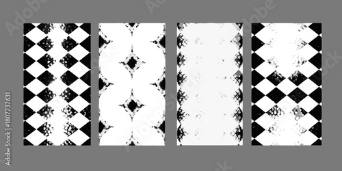 Abstract monochrome distressed pattern set with diamond and circle shapes