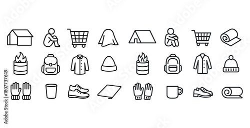 Minimalist icon set of camping and outdoor gear