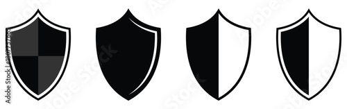 Dark black isolated modern Shield icon set on white background. Graphical safety vector icons on white background. Set of isolated shield graphical icons. EPS 10. 