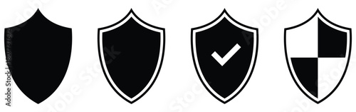 Dark black isolated modern Shield icon set on white background. Graphical safety vector icons on white background. Set of isolated shield graphical icons. EPS 10. 