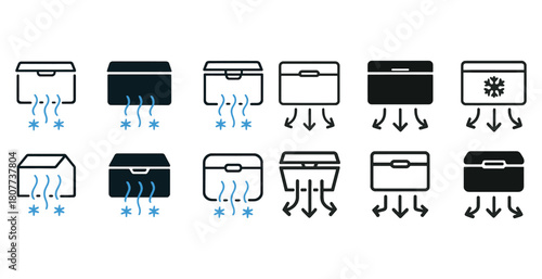 Air conditioning symbols and ventilation icons in various styles and designs