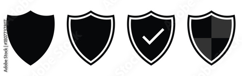 Graphical safety vector icons on white background. Set of isolated shield graphical icons. Dark black isolated modern Shield icon set on white background. EPS 10. 