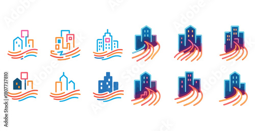 Colorful geometric cityscape icons with abstract wave patterns