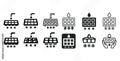 Set of energy efficiency and environmental sustainability icons with solar panels and thermometers