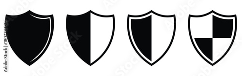 Graphical safety vector icons on white background. Set of isolated shield graphical icons. Dark black isolated modern Shield icon set on white background. EPS 10. 