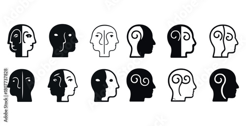 Black and white abstract human profiles with spiral designs