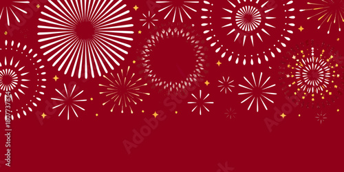 Festive fireworks and stars on a red background for celebrations