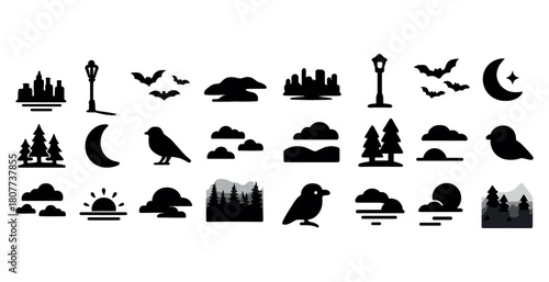 Silhouette icons: cityscape, nature elements, and wildlife