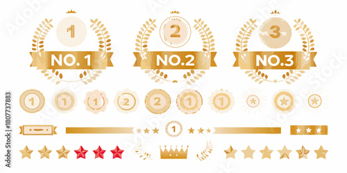 Golden ranking and achievement icons with laurel wreaths and stars