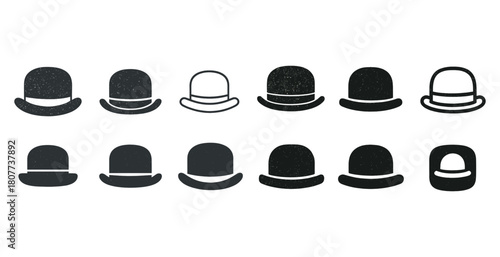 Vintage bowler hat icon set with distressed texture in various styles