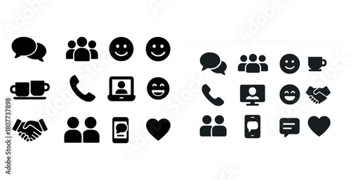 Black and white communication icons: people, devices, and emotions